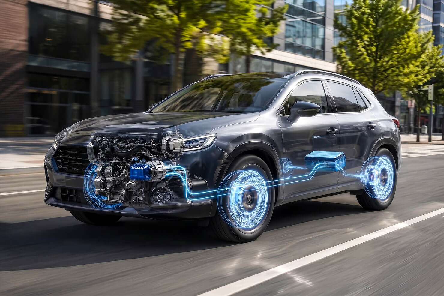 A mild hybrid car driving along a city street. The semi-transparent illustration shows the powertrain, comprising an internal combustion engine, a 48V system and a braking energy recovery system.
